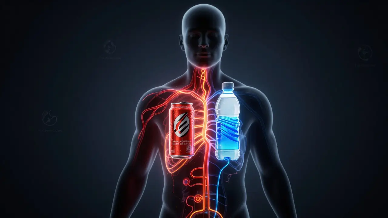 Silhouetted human body with glowing energy pathways from an energy drink versus hydration waves from a sports drink.