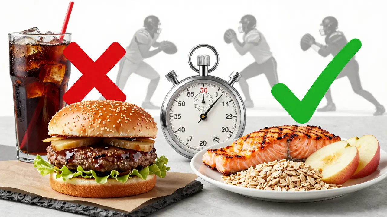 Split image contrasting unhealthy food with clean pre-game meal options for athletes.