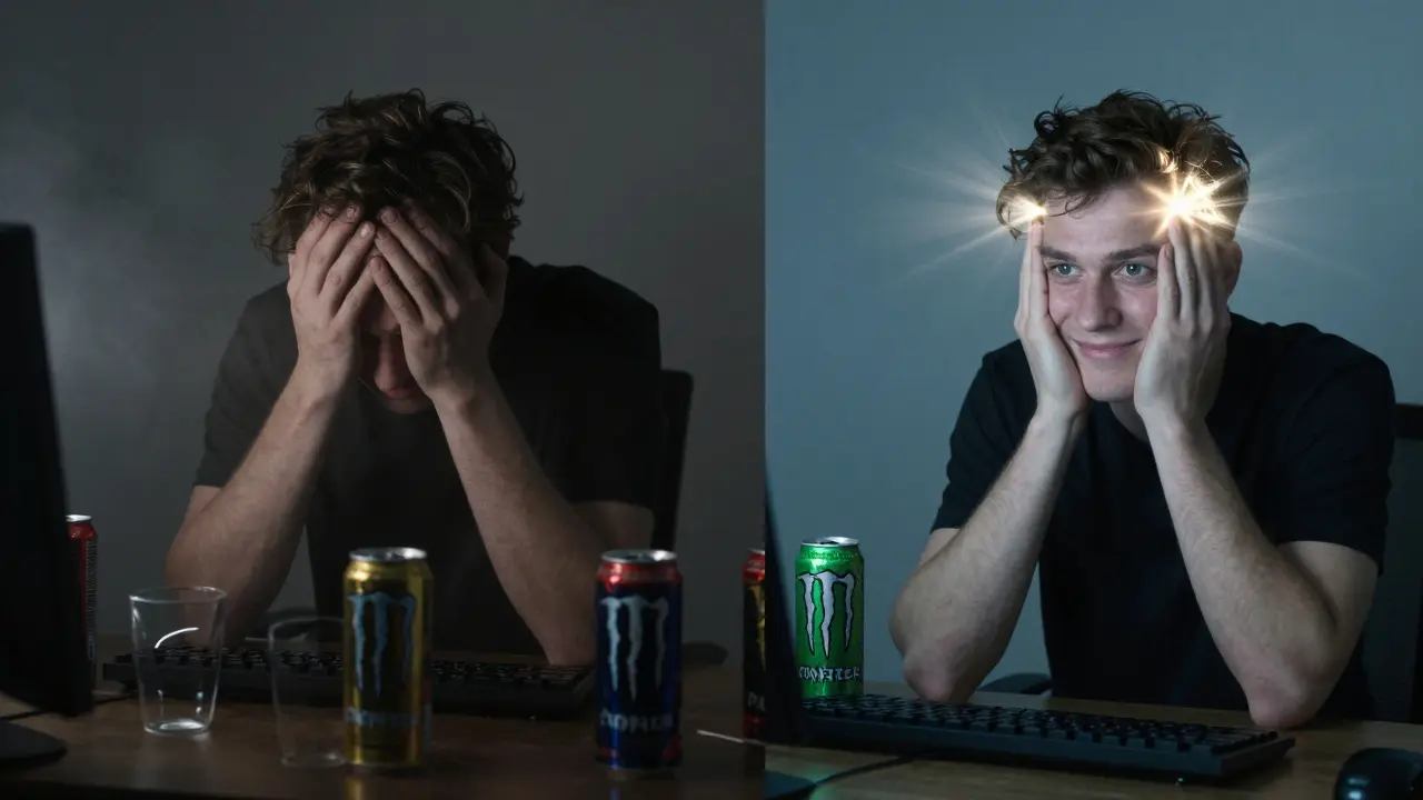 Split image showing a person before and after drinking green Monster—transitioning from fatigue and fog to clarity and calm.