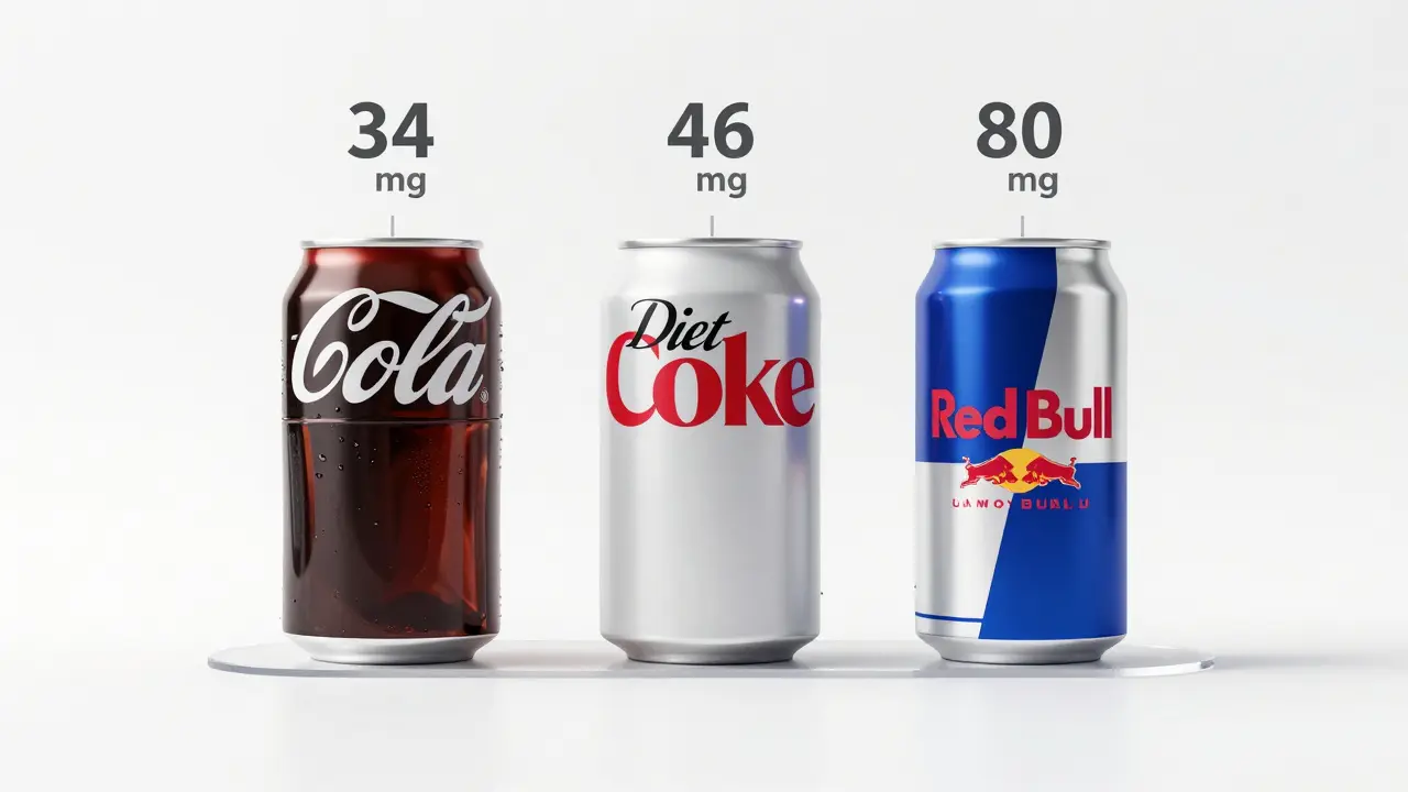 Three soda cans side by side with their caffeine amounts: Coke, Diet Coke, and Red Bull.