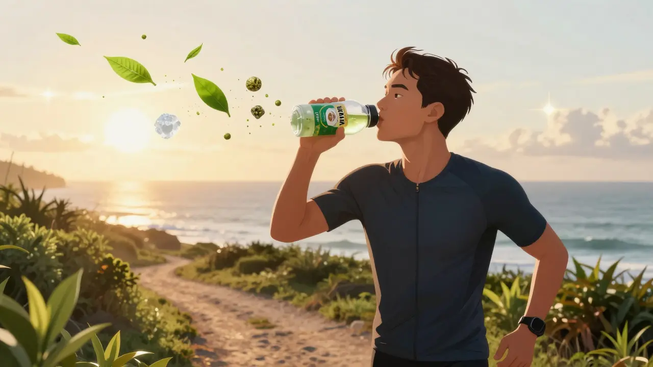 Triathlete drinking yerba mate at sunrise on a coastal trail with natural ingredients floating around.