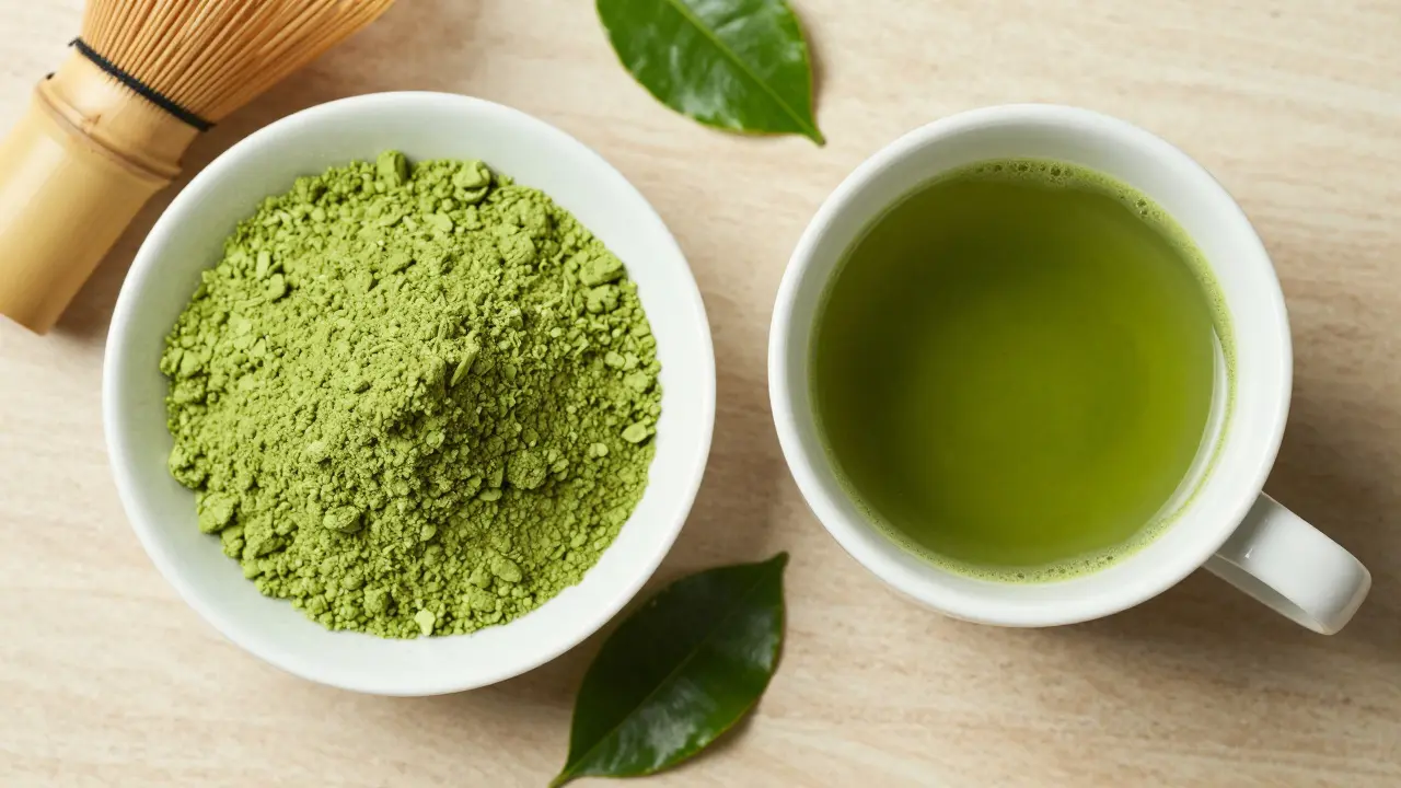 A bowl of green Matcha powder and a whisked cup of Matcha tea on a wooden surface