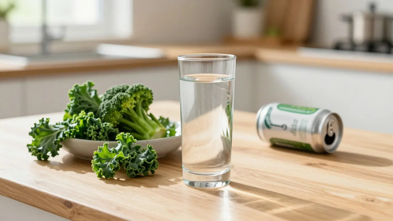 A glass of water and green vegetables on a table, representing liver recovery.