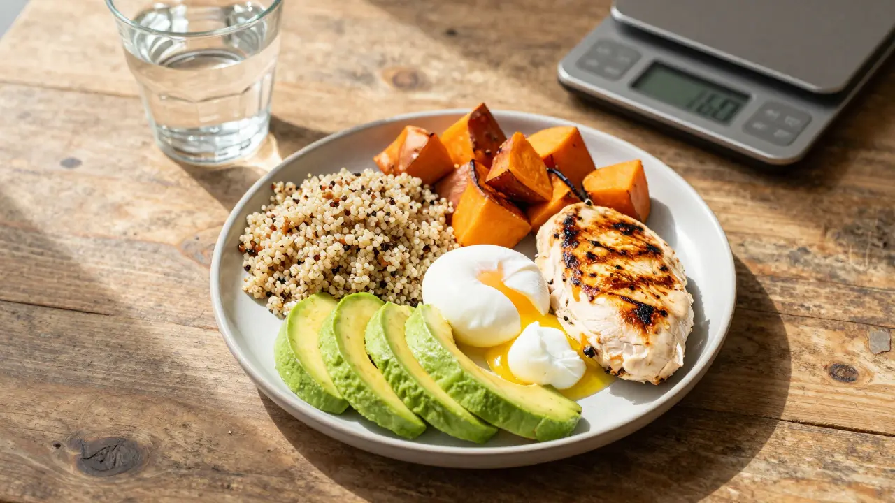 A healthy meal with protein, complex carbs, and healthy fats next to a food scale.