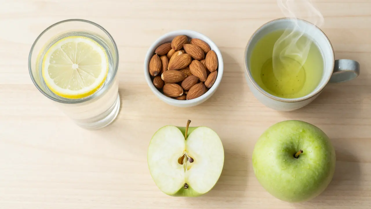 A healthy snack arrangement with almonds, fruit, water, and green tea for natural energy.