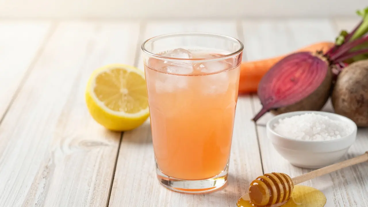 A healthy sports drink with lemon, sea salt, and honey on a wooden table.