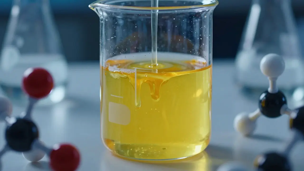 A laboratory beaker showing a yellow liquid with an oily layer for chemical analysis.