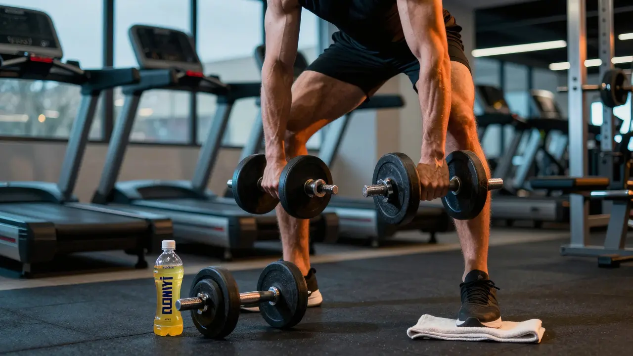 A person lifting dumbbells in a gym with a low-calorie energy drink nearby