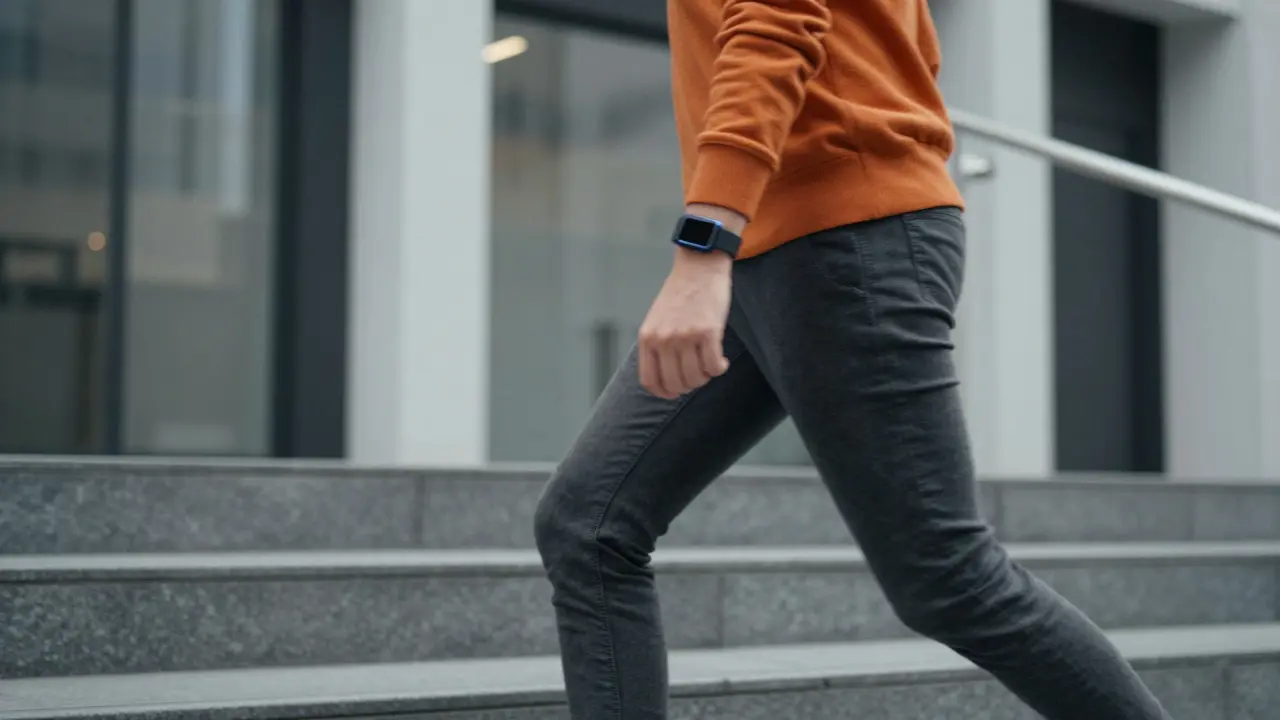 A person walking up office stairs to increase daily activity and burn calories.