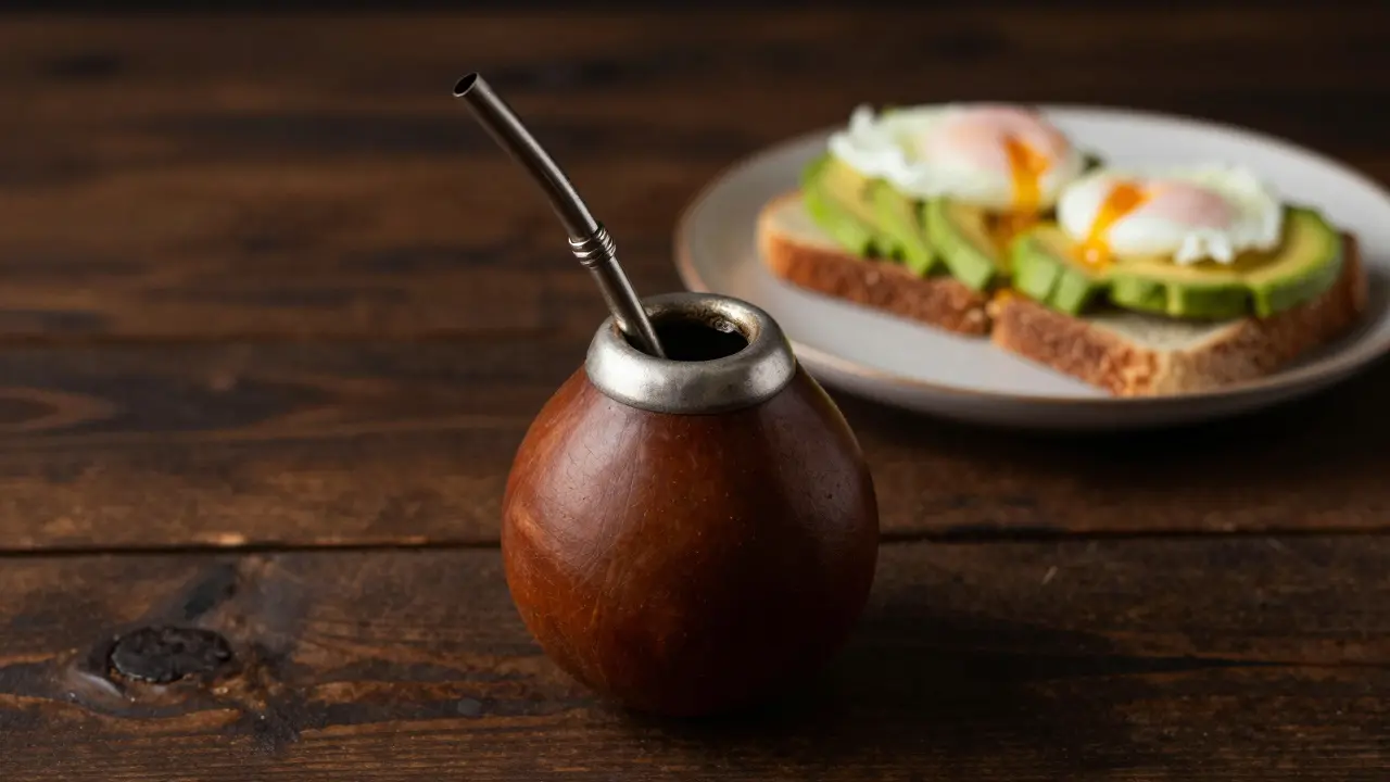 A traditional Yerba Mate drink next to a healthy breakfast of avocado and eggs