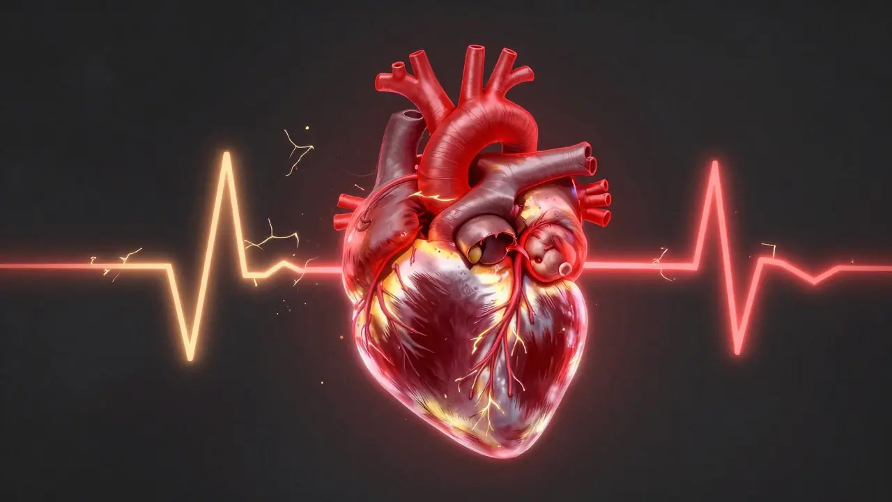 An illustration of a heart under stress from high caffeine and stimulant intake.