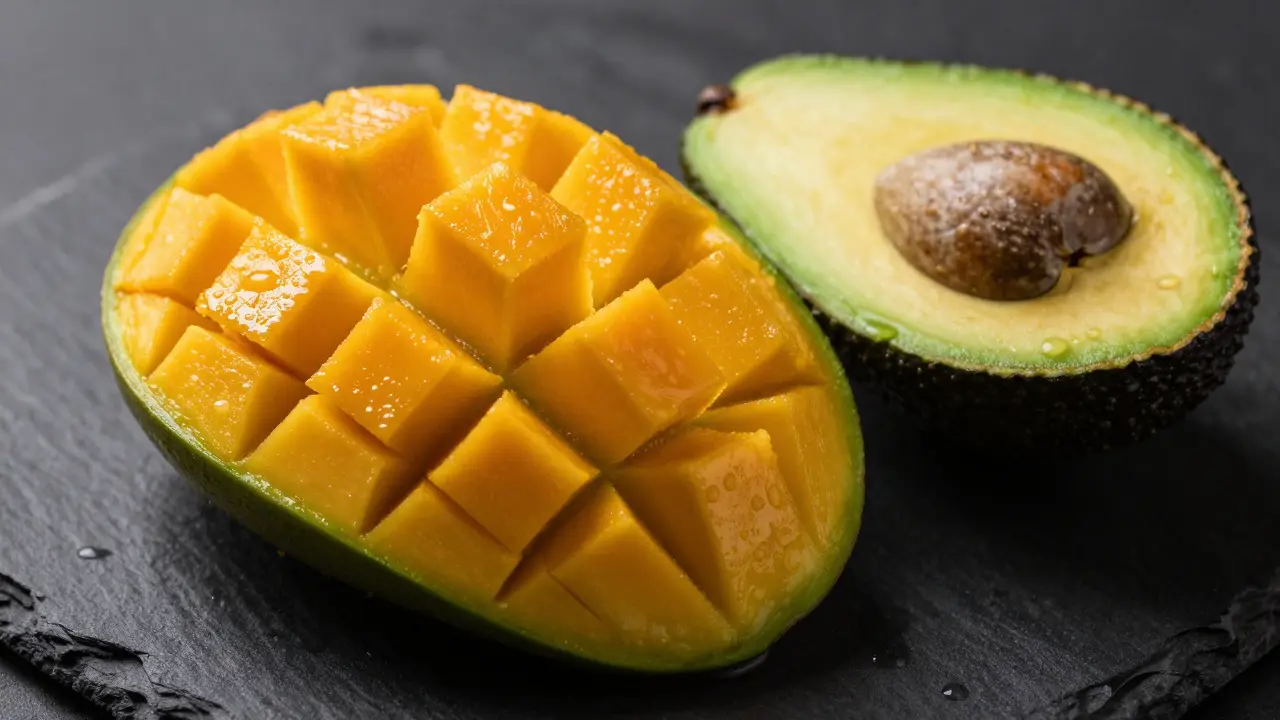 Close-up of a sliced ripe mango and a halved avocado on a dark slate background