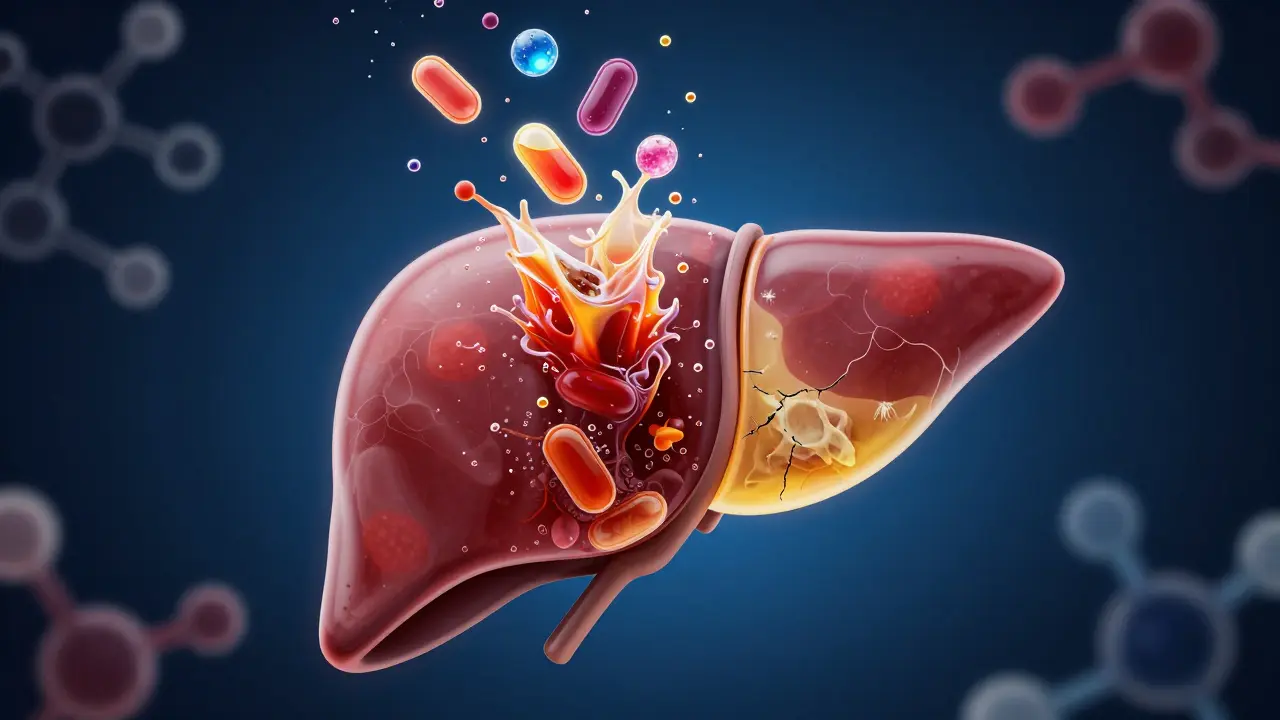 Conceptual art of a liver being damaged by neon energy drink stimulants.