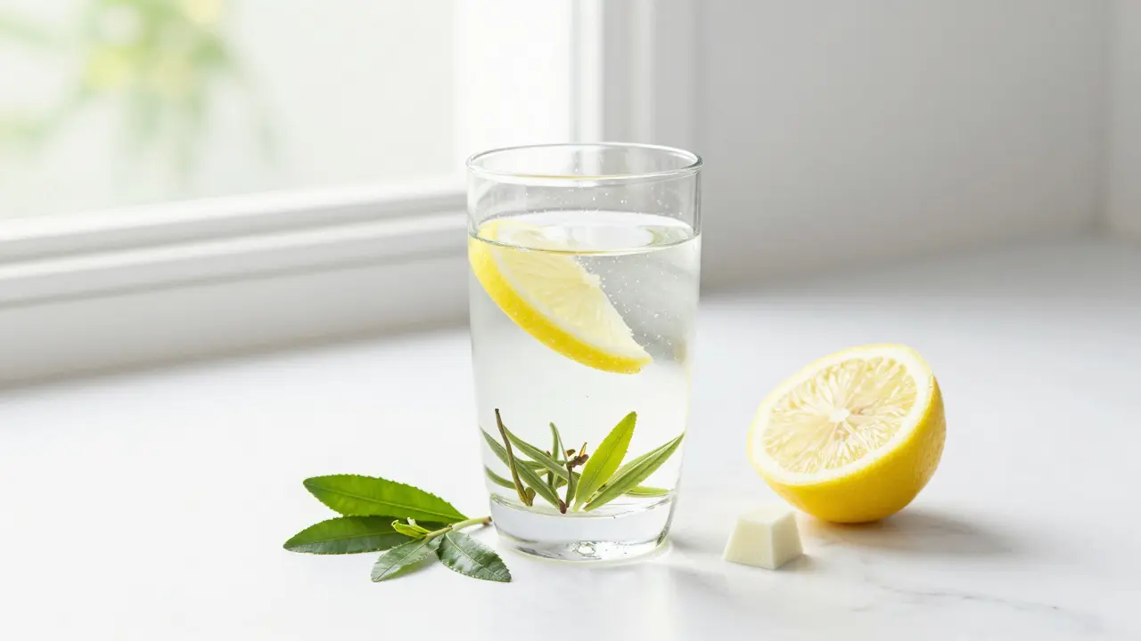 Glass of clean energy drink with green tea leaves, monk fruit, and stevia on marble.