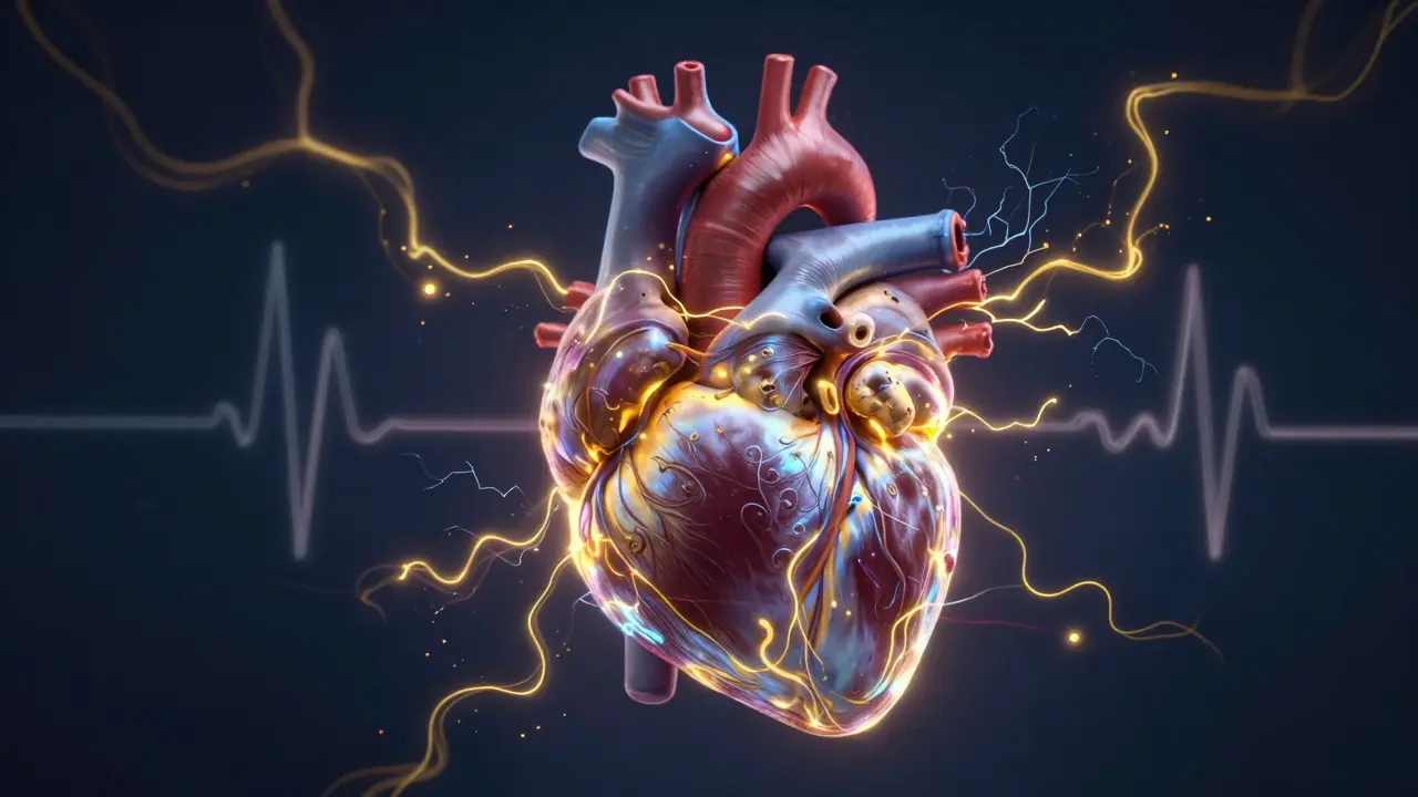 Medical illustration of a heart surrounded by electric stimulant surges