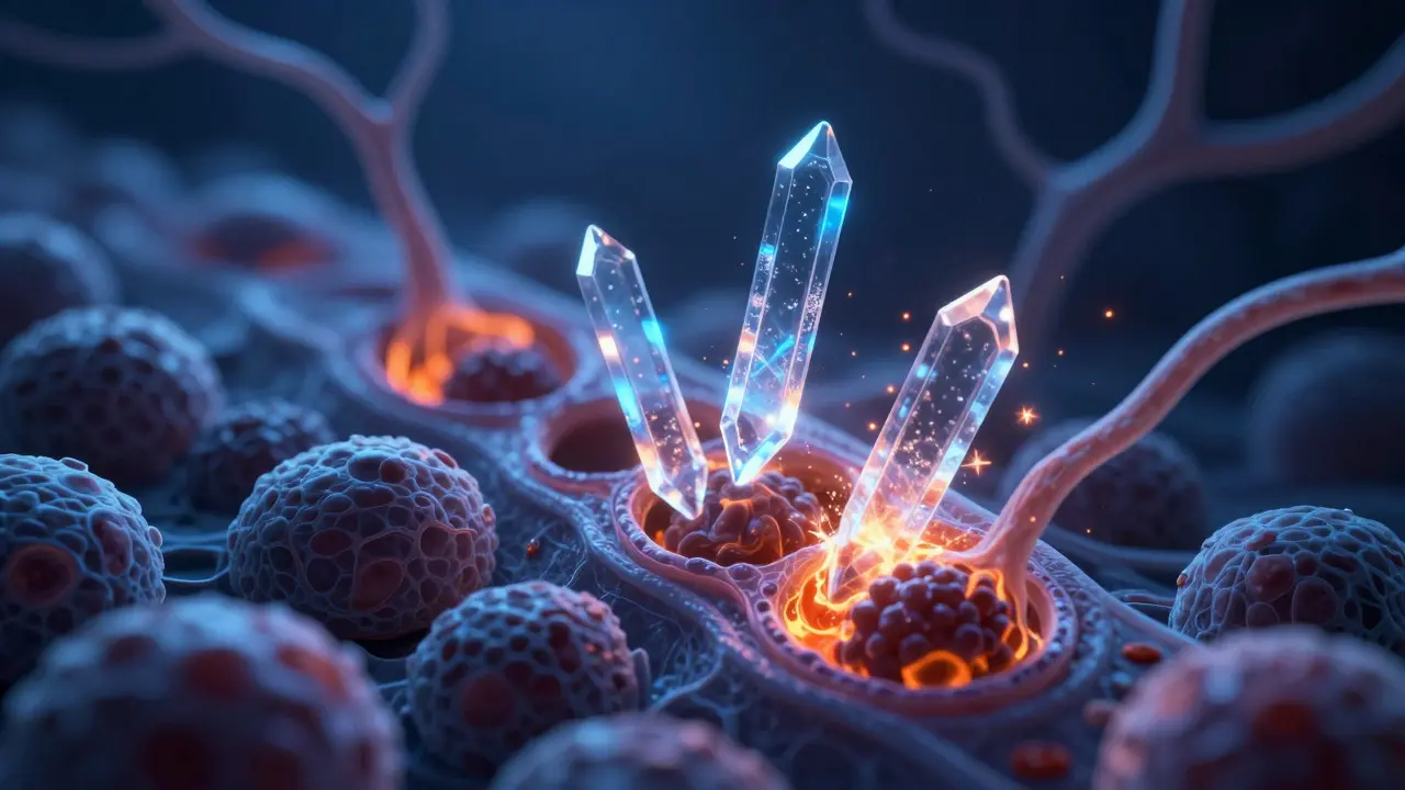 Microscopic view of liver cells being damaged by sharp blue and orange chemical shards representing alcohol toxins.