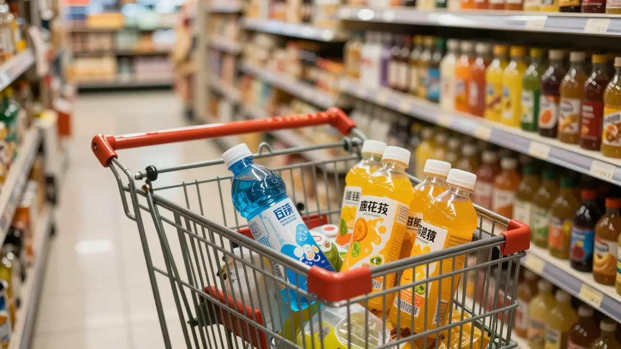 Shopping trolley containing mixed brands of sports hydration beverages