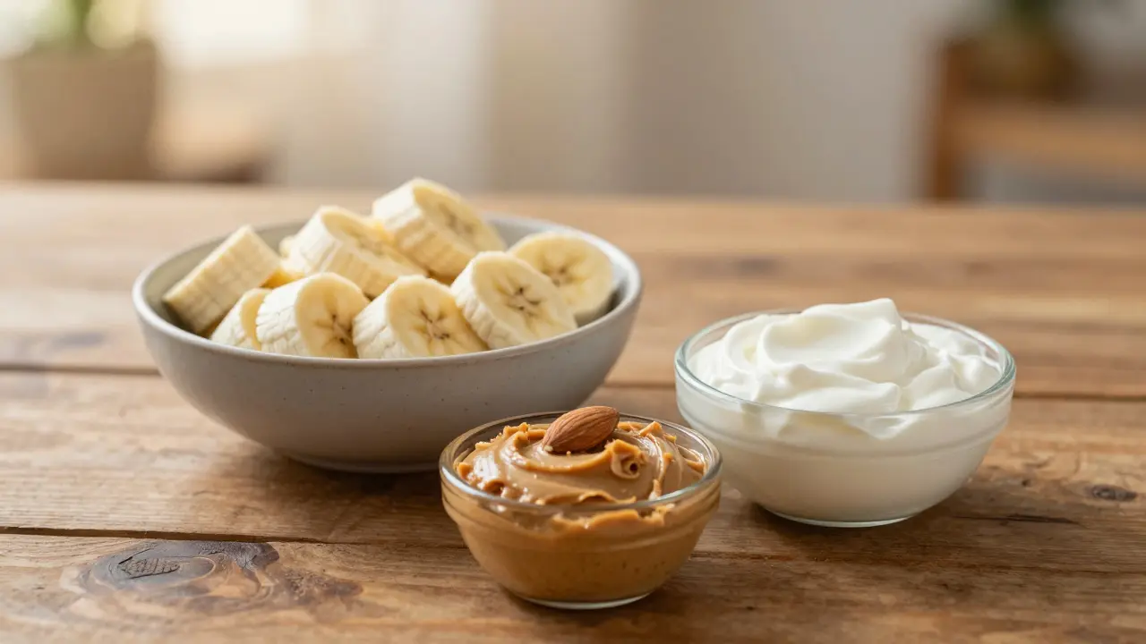 Sliced bananas served with almond butter and Greek yogurt on a wooden table