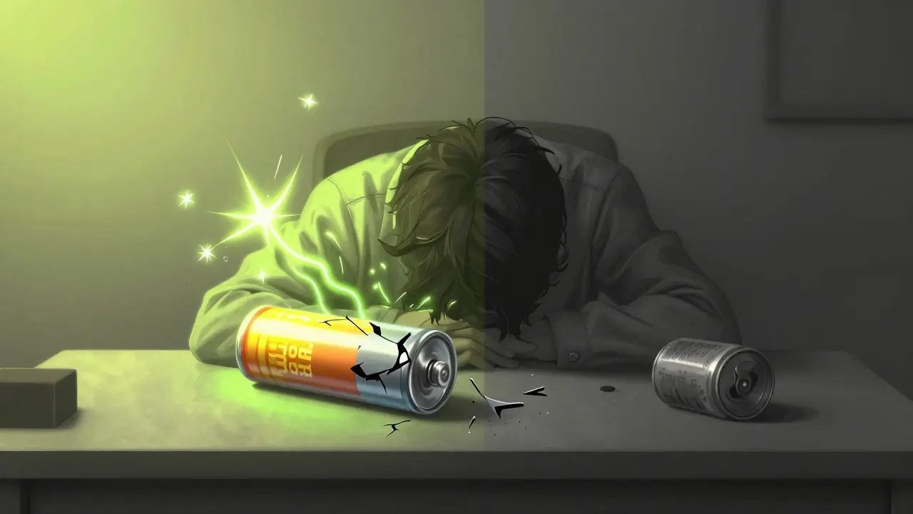 Surreal depiction of a drained battery person experiencing an energy crash