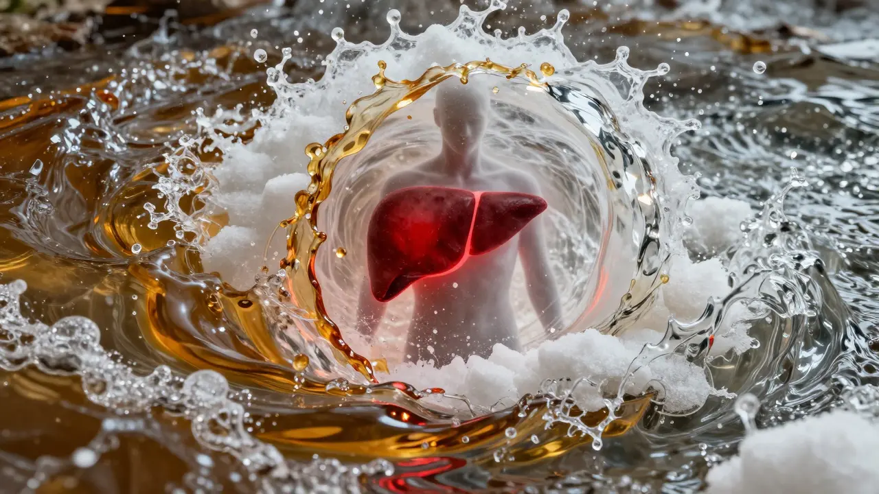 Surreal swirl of golden syrup and clear alcohol surrounding a human silhouette with a glowing red liver.