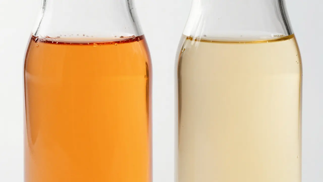 Two glass vials comparing vibrant and pale orange liquids side by side